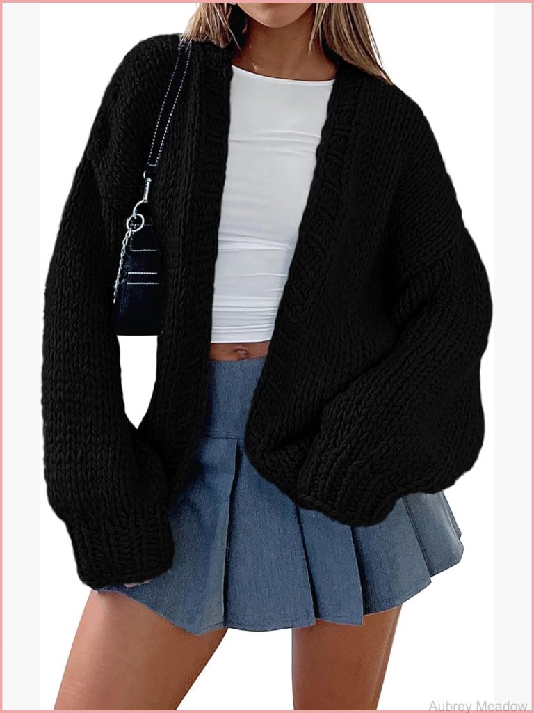 Chunky Knit Cardigan Sweater Open Front Shawl Collar